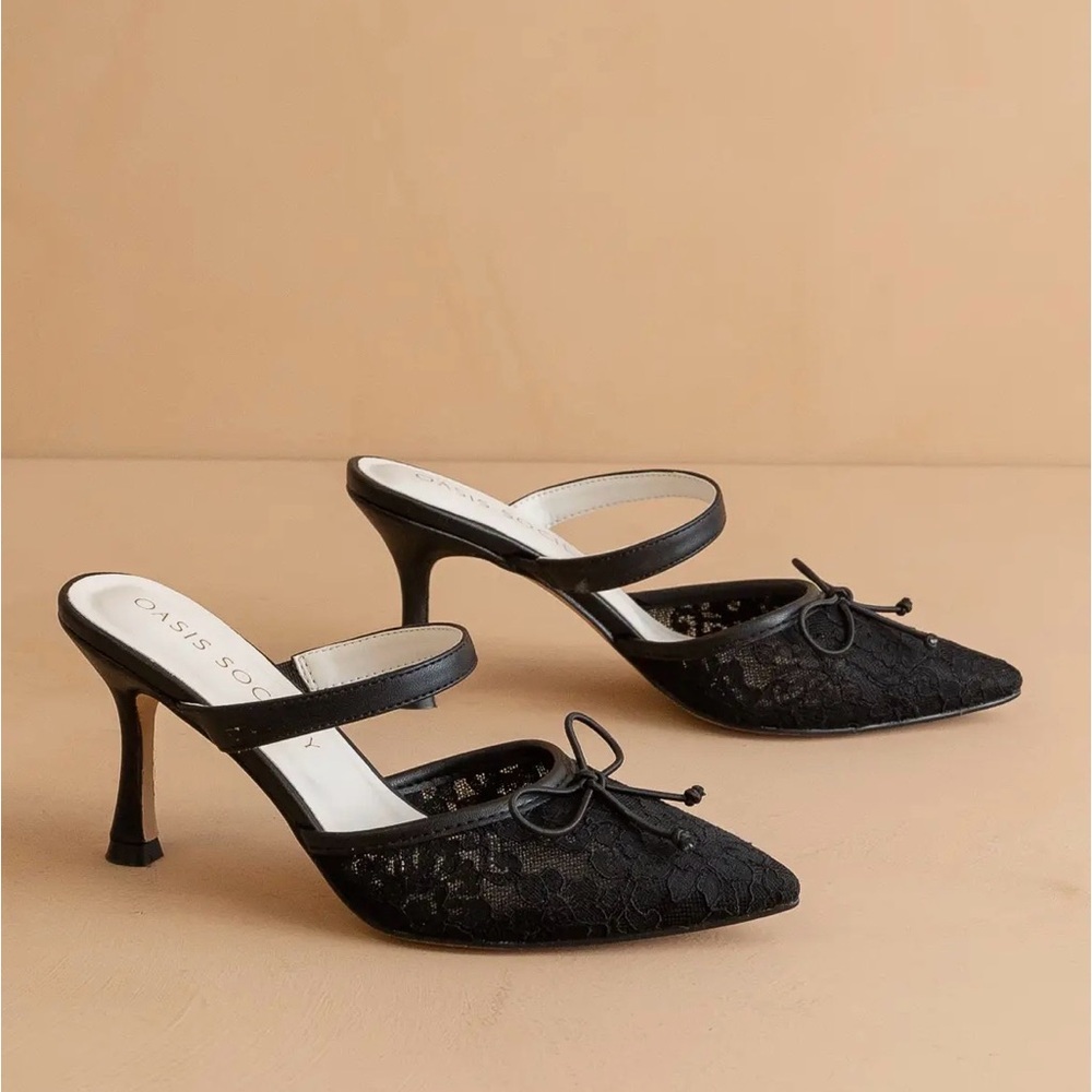 OASIS Society | The Katie Black Lace Pointed Mules with Bow and Mid Heel